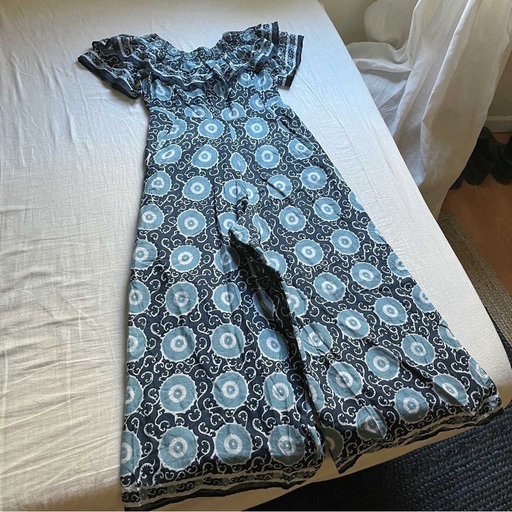 KOPAL blue geo abstract‎ Aztec print ruffle cropped wide leg jumpsuit